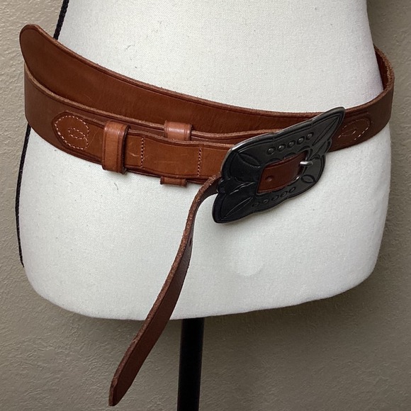 Vintage Brown Leather Belt Women's Solid Large Buckle, Double Layer Harness Belt - Picture 4 of 8